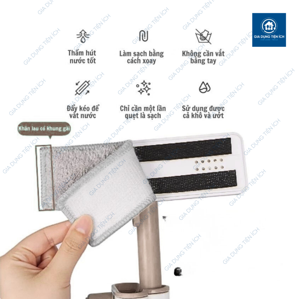 Cây lau nhà mini xoay 360 độ tự vắt khô màu nâu lau khe hẹp lau sàn lau kính kèm 2 miếng lau
