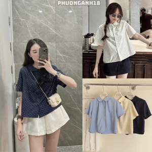 Áo so mi cổ sen chấm bi chất thô đũi mềm mát 4848 A100