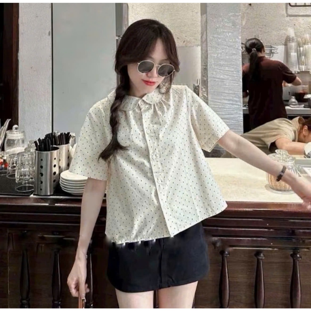 [Có BIGSIZE] Áo so mi cổ sen chấm bi chất thô đũi mềm mát  4848 A100