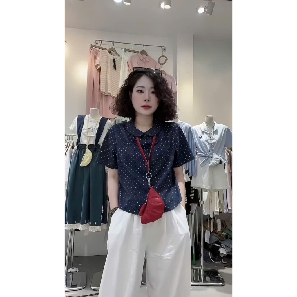 [Có BIGSIZE] Áo so mi cổ sen chấm bi chất thô đũi mềm mát  4848 A100