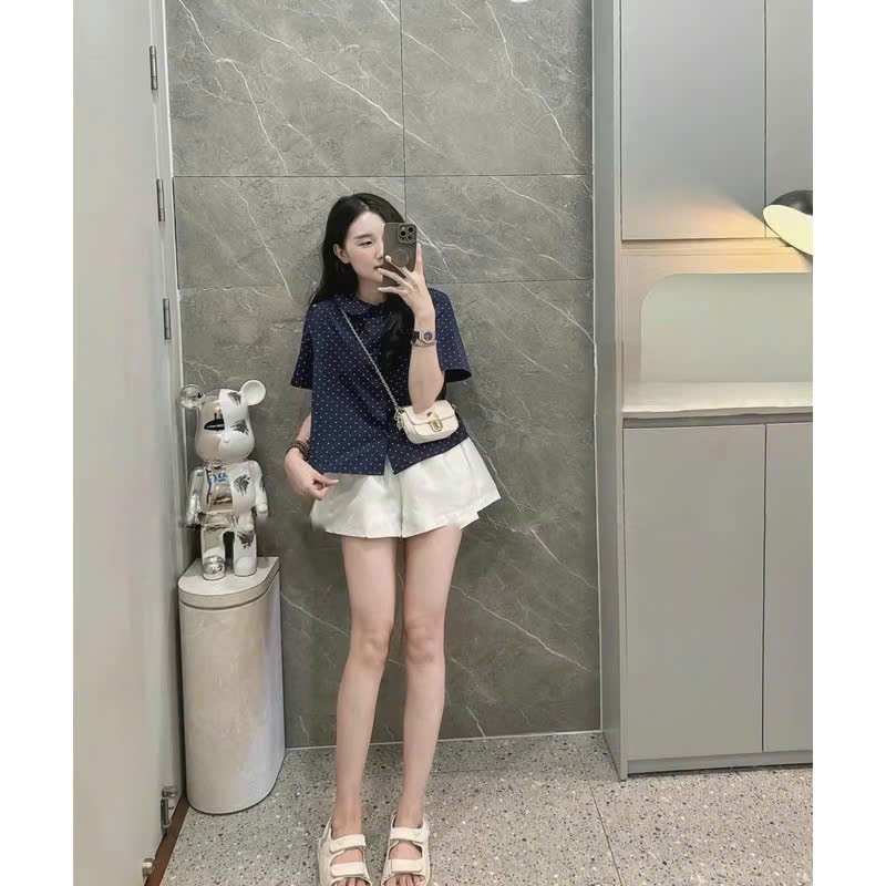 [Có BIGSIZE] Áo so mi cổ sen chấm bi chất thô đũi mềm mát  4848 A100