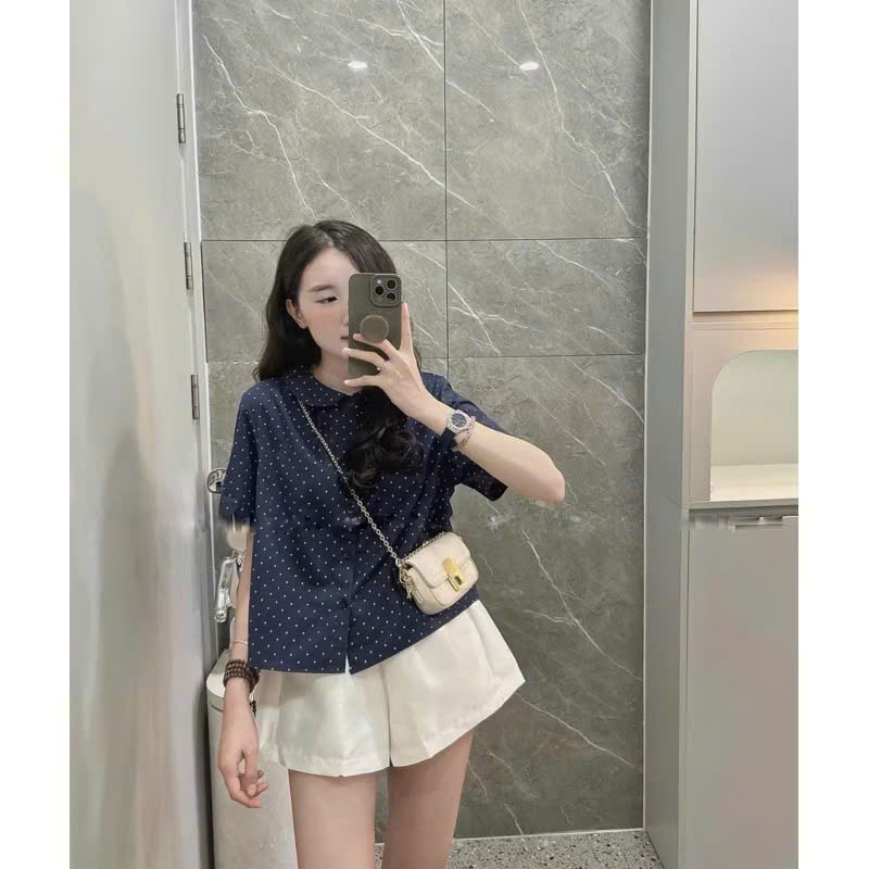 [Có BIGSIZE] Áo so mi cổ sen chấm bi chất thô đũi mềm mát  4848 A100