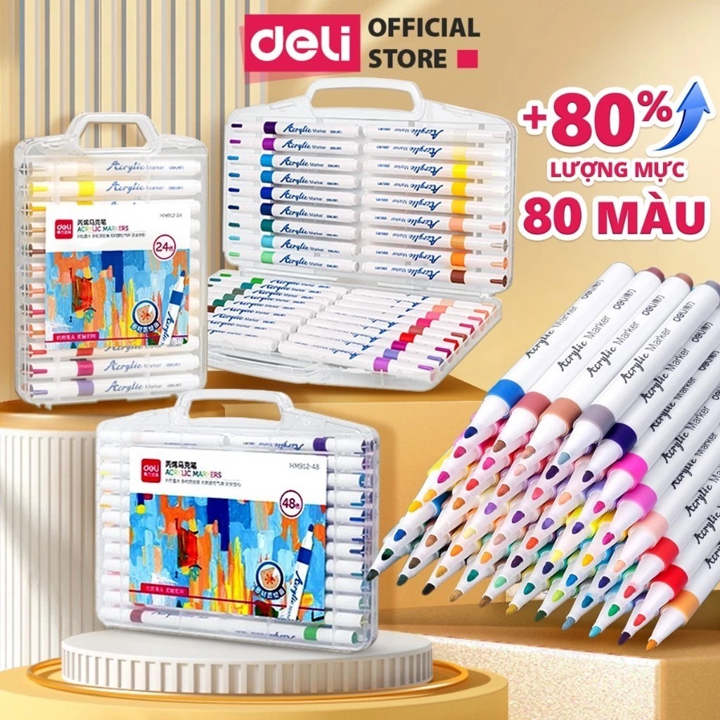 (TĂNG 80% MỰC) Bút lông màu Acrylic Markers Deli EC191 hộp 12/24/36/64 Box Màu Acrylic Marker cho Bé Học Sinh Mỹ thuật
