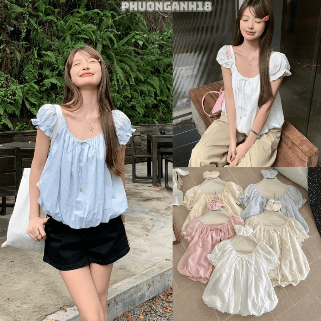 [Tặng kèm dây buộc] Áo babydoll bo tay buộc nơ cổ siêu xinh 5486 A101