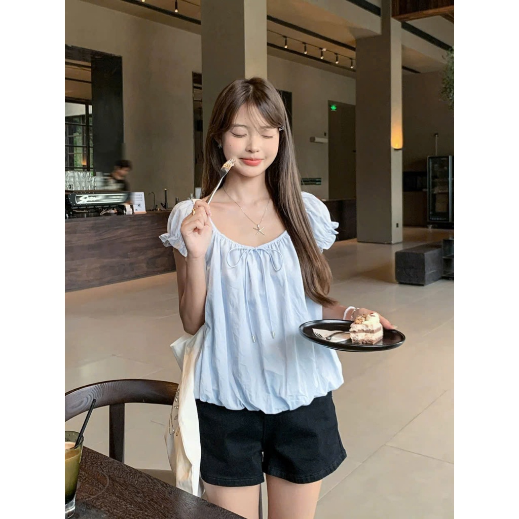 [Tặng kèm dây buộc] Áo babydoll bo tay buộc nơ cổ siêu xinh 5486 A101