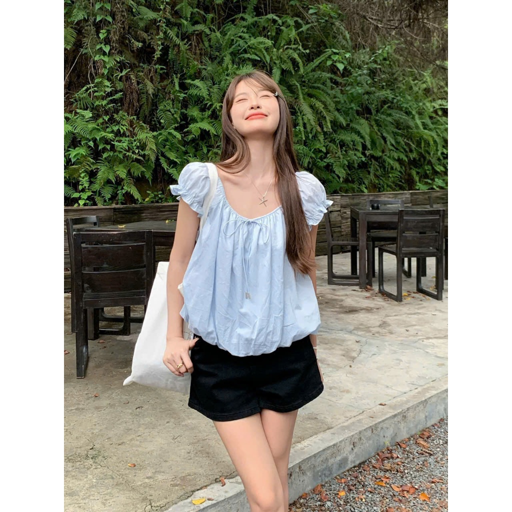 [Tặng kèm dây buộc] Áo babydoll bo tay buộc nơ cổ siêu xinh 5486 A101