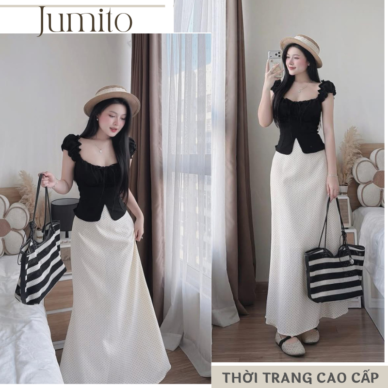 Set áo váy nữ dài, bộ quần áo nữ áo ôm cổ vuông phối chân váy dài chấm bi JUMITO HCOM27096