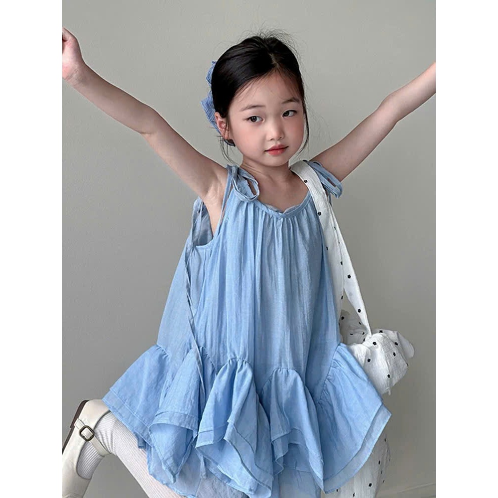 Váy bé gái 2 dây dáng xòe nhẹ màu xanh phong cách Hàn Quốc dịu dàng cho bé gái