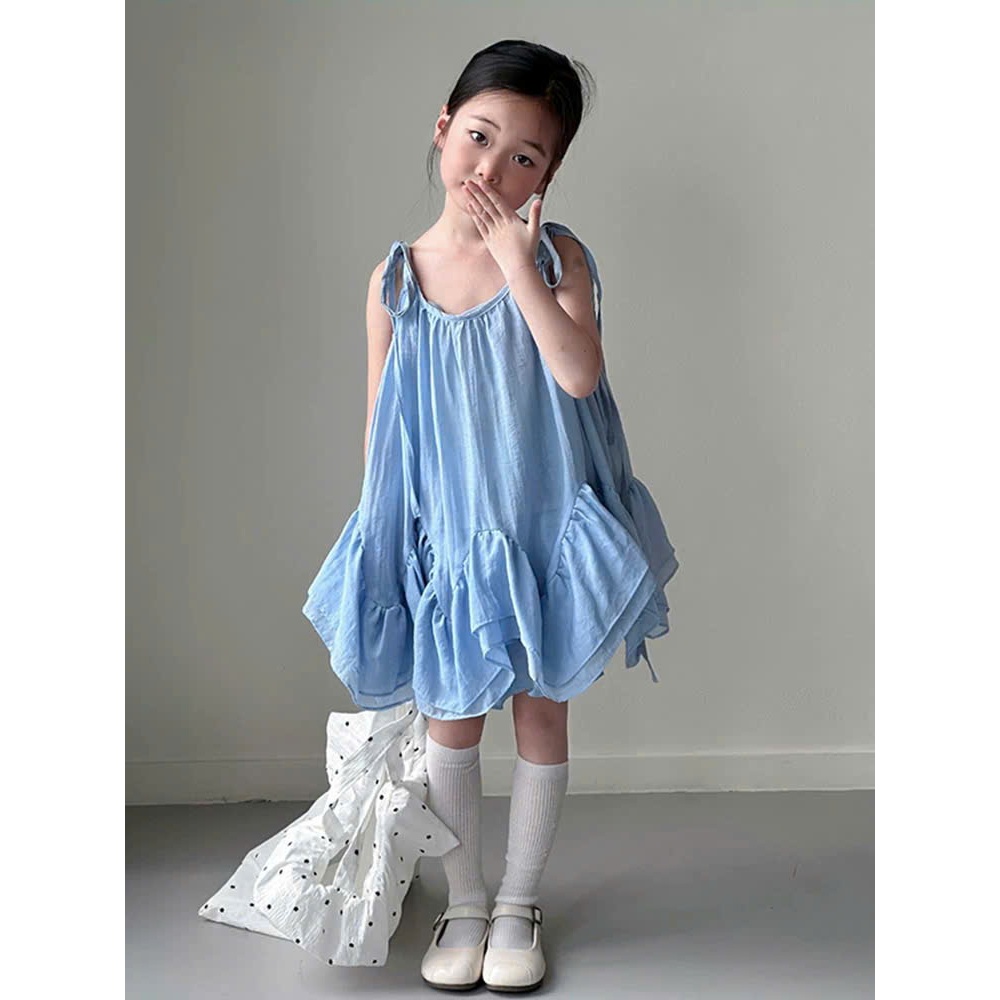 Váy bé gái 2 dây dáng xòe nhẹ màu xanh phong cách Hàn Quốc dịu dàng cho bé gái