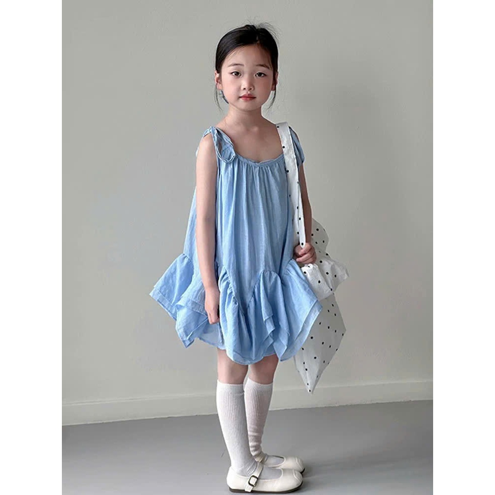 Váy bé gái 2 dây dáng xòe nhẹ màu xanh phong cách Hàn Quốc dịu dàng cho bé gái