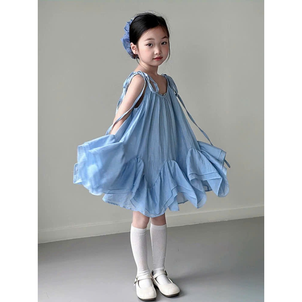 Váy bé gái 2 dây dáng xòe nhẹ màu xanh phong cách Hàn Quốc dịu dàng cho bé gái