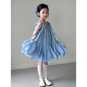 Váy bé gái 2 dây dáng xòe nhẹ màu xanh phong cách Hàn Quốc dịu dàng cho bé gái