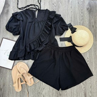 Set Nữ Bigsize Áo Sọc Bèo Dáng Xòe + Quần Short Co Giãn Thoải Mái Đi Chơi SM277+Q500