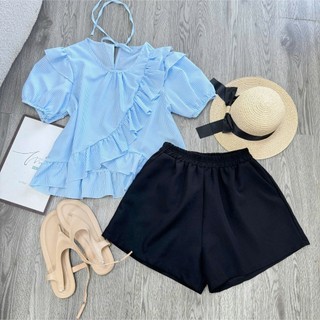 Set Nữ Bigsize Áo Sọc Bèo Dáng Xòe + Quần Short Co Giãn Thoải Mái Đi Chơi SM277+Q500