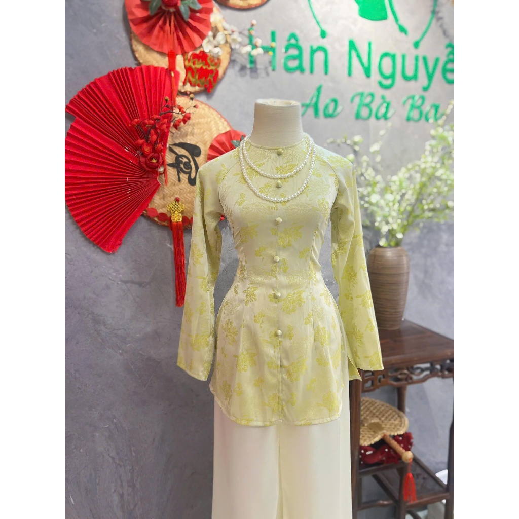 B.a182 Áo Bà Ba GấM HoA HảI ĐườnG CácH ĐiệU Cổ TrÒn TAy DÀi DâY KÉo NÚt Nụ BọC (QUẦN NGỌC TRAI)