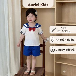 Đồ Bộ Bé Gái, Set Đồ Thủy Thủ Thiết Kế Áo Kèm Quần Đùi Tặng Kèm Nơ Đỏ Chất Liệu Cotton