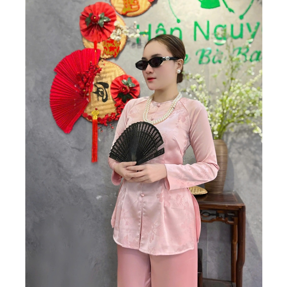 B.a182 Áo Bà Ba GấM HoA HảI ĐườnG CácH ĐiệU Cổ TrÒn TAy DÀi DâY KÉo NÚt Nụ BọC (QUẦN NGỌC TRAI)