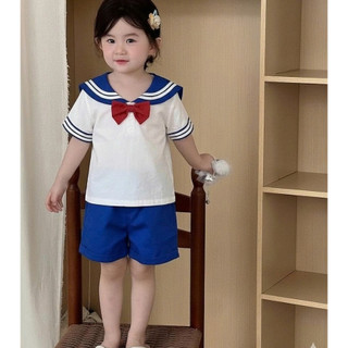 Đồ Bộ Bé Gái, Set Đồ Thủy Thủ Thiết Kế Áo Kèm Quần Đùi Tặng Kèm Nơ Đỏ Chất Liệu Cotton