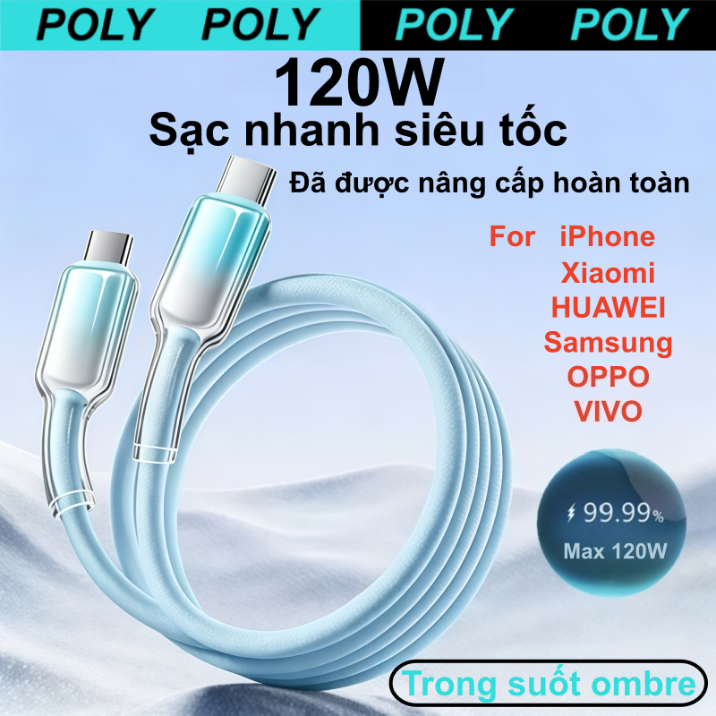Cáp sạc nhanh 120W dây pha lê Type-C tương thích iPhone loạt Samsung Xiaomi OPPO VIVO HUAWEI