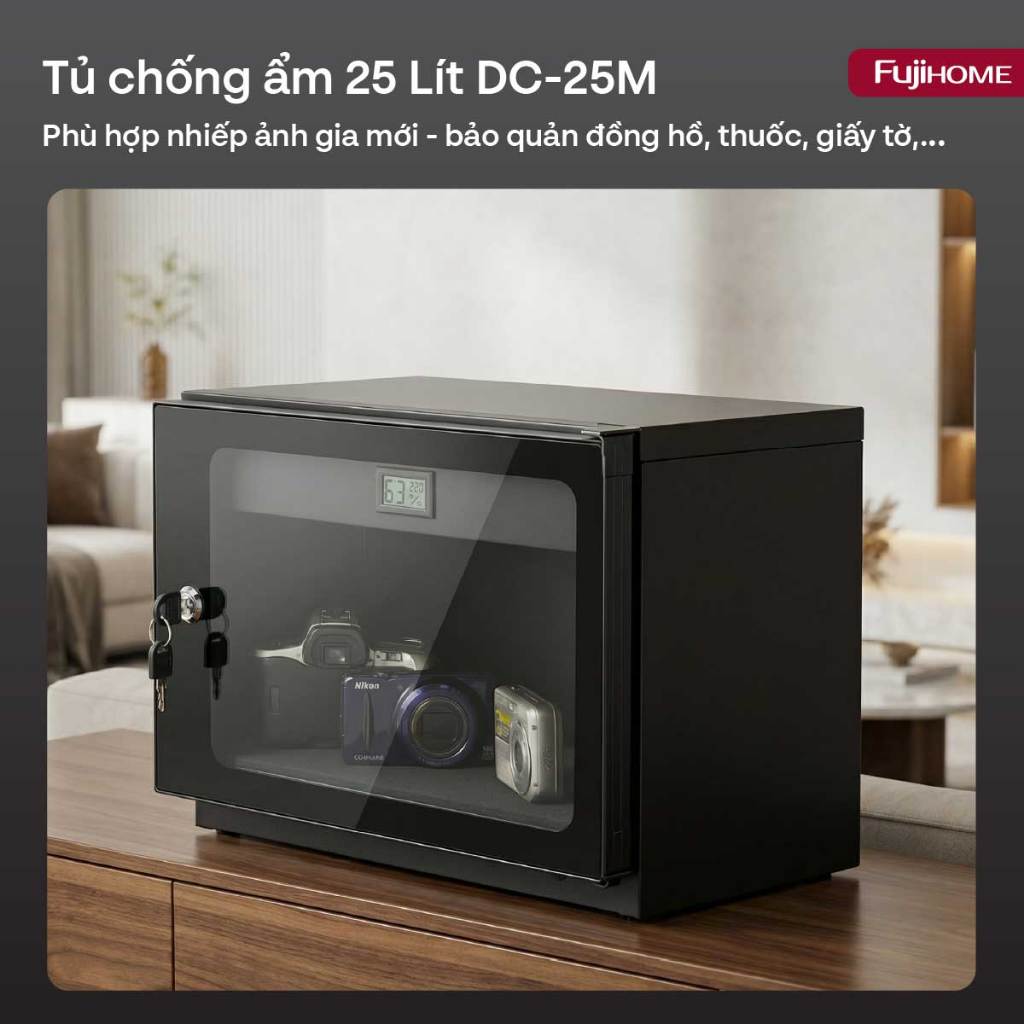 Tủ chống ẩm máy ảnh dung tích 25L Nhập Khẩu FUJIHOME DC-25M chính hãng, tủ hút ẩm chống mốc ống kính