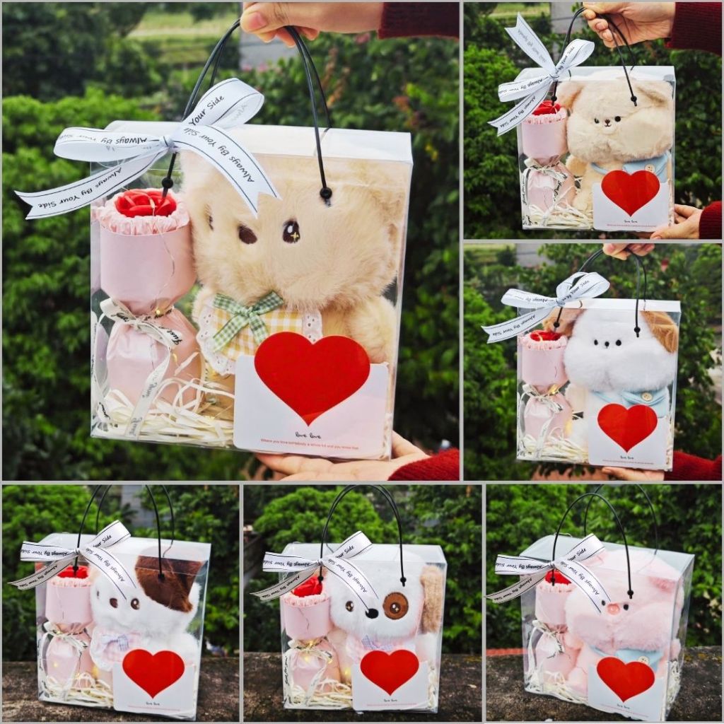 Set Quà Tặng Gấu Bông Cute Kèm Hoa Sáp Đựng Hộp Kính Trong Suốt Sang Trọng Tặng Sinh Nhật, Bạn Gái, 8/3, 14/2