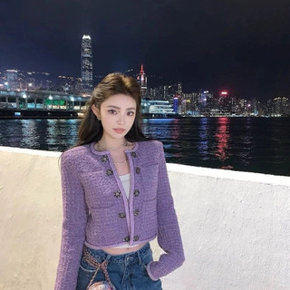 Áo khoác dạ tweed form croptop cổ tròn tông tím sang chảnh
