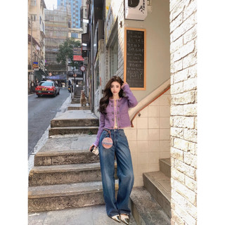 Áo khoác dạ tweed form croptop cổ tròn tông tím sang chảnh