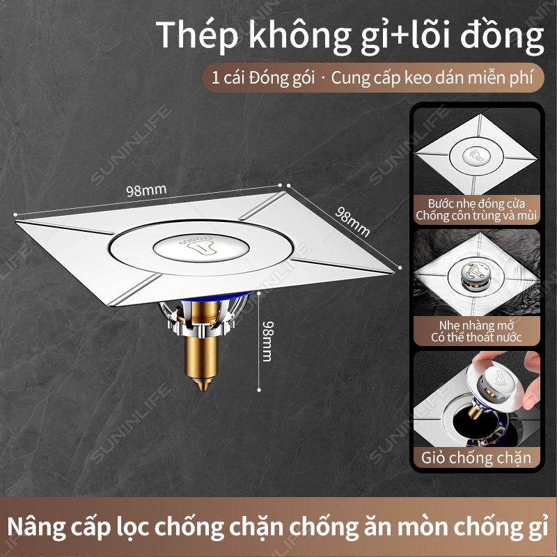 Nắp Thoát Sàn Ngăn Mùi Hôi Cống Inox Cao Cấp - Nhấn Xả Tiện Lợi, Chống Côn Trùng Nhà Tắm
