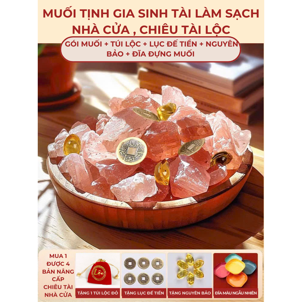Muối hồng Himalaya thanh tẩy thỏi vàng tài lộc kèm đồng xu Âm Dương, vật phẩm thiết yếu cho gia đình