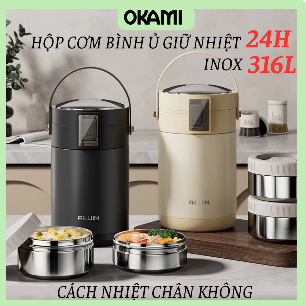 [GIỮ NHIỆT 24H] Hộp Cơm Bình Ủ Giữ Nhiệt 24H ALIJIN, Chất Liệu Inox 316L Cao Cấp, Size 2.4L & 3.0L, Chính Hãng