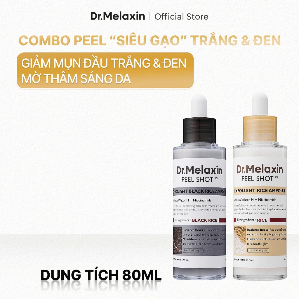 [COMBO] Tinh Chất Peel Gạo "Trắng & Đen" Dr.Melaxin giúp tẩy tế bào chết, giúp da mịn màng (80ml x2)