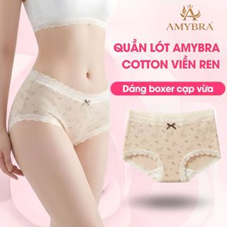 Quần Lót Nữ Phối Ren Dáng Đùi Ôm Mông, Quần Boxer Nữ Cotton Mềm Thoáng Khí Không Hằn AMYBRA L5918