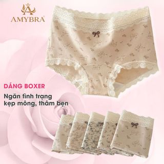 Quần Lót Nữ Phối Ren Dáng Đùi Ôm Mông, Quần Boxer Nữ Cotton Mềm Thoáng Khí Không Hằn AMYBRA L5918