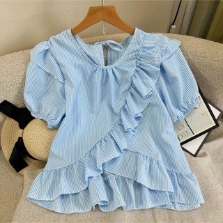 Áo sơ mi kiểu bigsize nữ tay phồng ngắn viền bèo cổ tròn dễ thương đáng yêu thoáng mát cho nàng chuppy - SM277