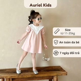 Váy Cho Bé Gái, Váy Thiết Kế Tay Phồng Phong Cách Tiểu Thư Cổ Phối Ren Xinh Xắn Chất Liệu Cotton