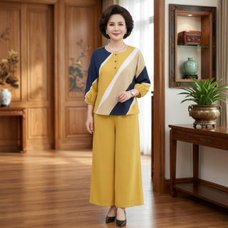 Bộ Đồ Trung Niên Nữ Cao Cấp – Áo Tay Bồng Nhẹ Quần Suông Ống Rộng Tôn Dáng Thanh Lịch Sang Trọng - Anh Thư Shop (AT03)