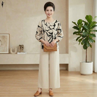 Bộ Đồ Trung Niên Nữ Cao Cấp – Áo Tay Bồng Nhẹ Quần Suông Ống Rộng Tôn Dáng Thanh Lịch Sang Trọng - Anh Thư Shop (AT03)