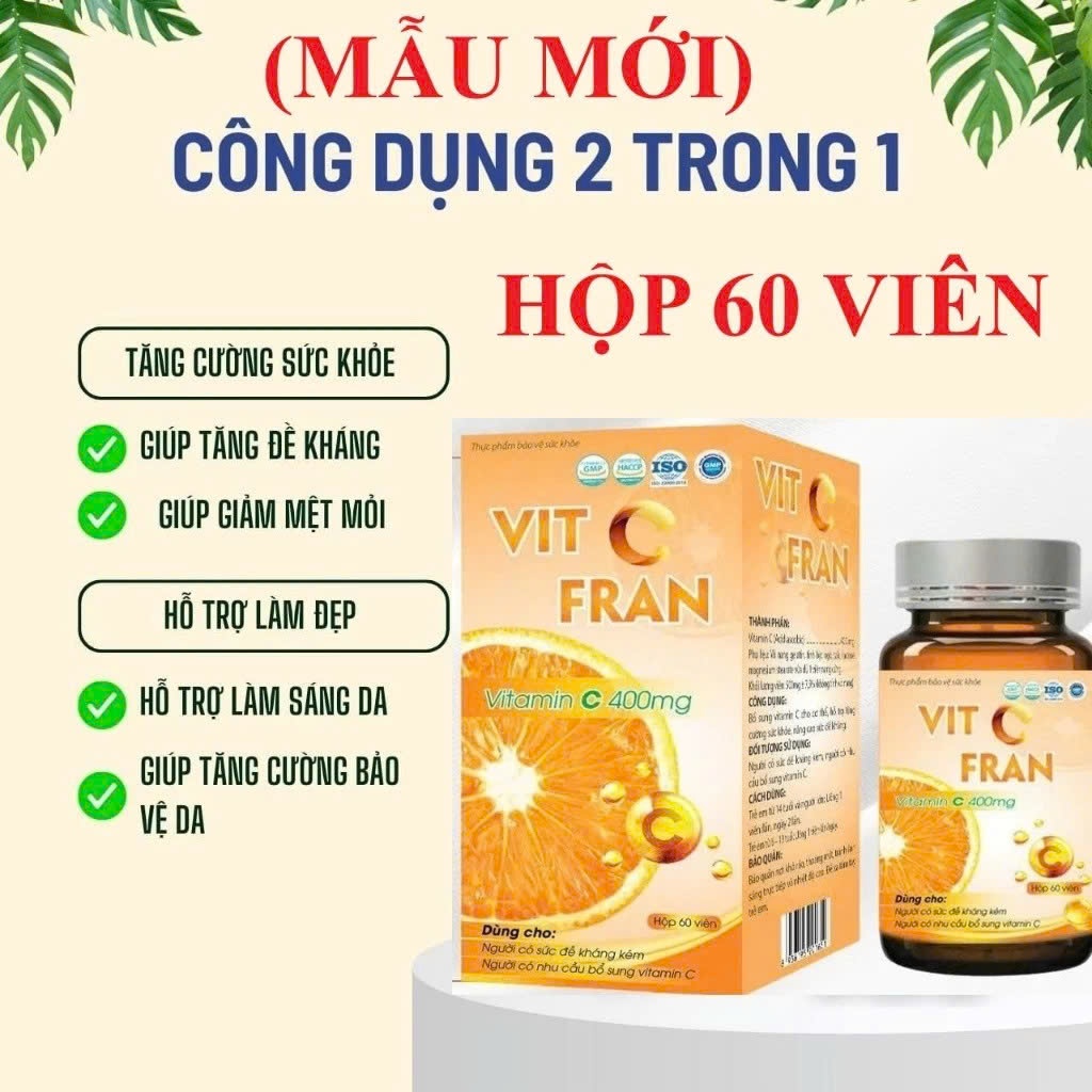 ✅ [Chính Hãng] Viên uống trắng da Vitamin C VIT C FRAN Hộp 60 Viên ✅ Làm đẹp sáng da chống lão hóa làm mờ vết thâm nám
