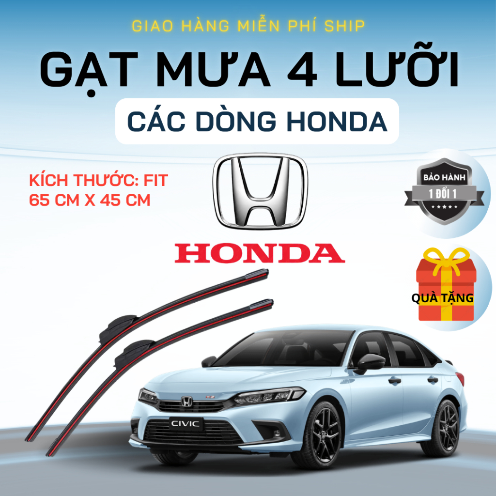 Gạt Mưa Ô Tô HONDA CIVIC, CITY, CRV, HRV, BRV, BRIO, JAZZ ...Silicon 4 Lưỡi Gạt Sạch Êm. 4L