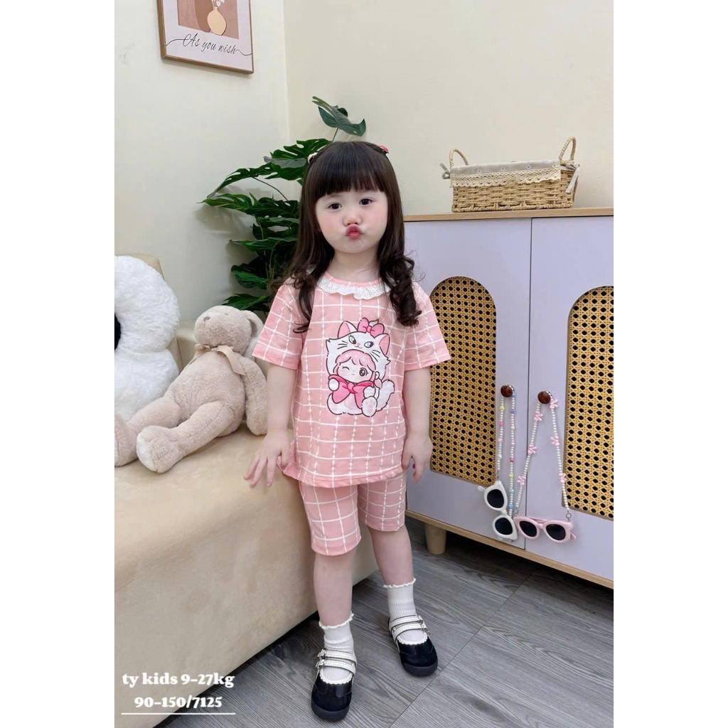 Bộ Cộc Tay Quần Lửng Họa Tiết My Melody Vs Mèo Marie Cổ Ren Dành Cho Bé Gái 9-35kg