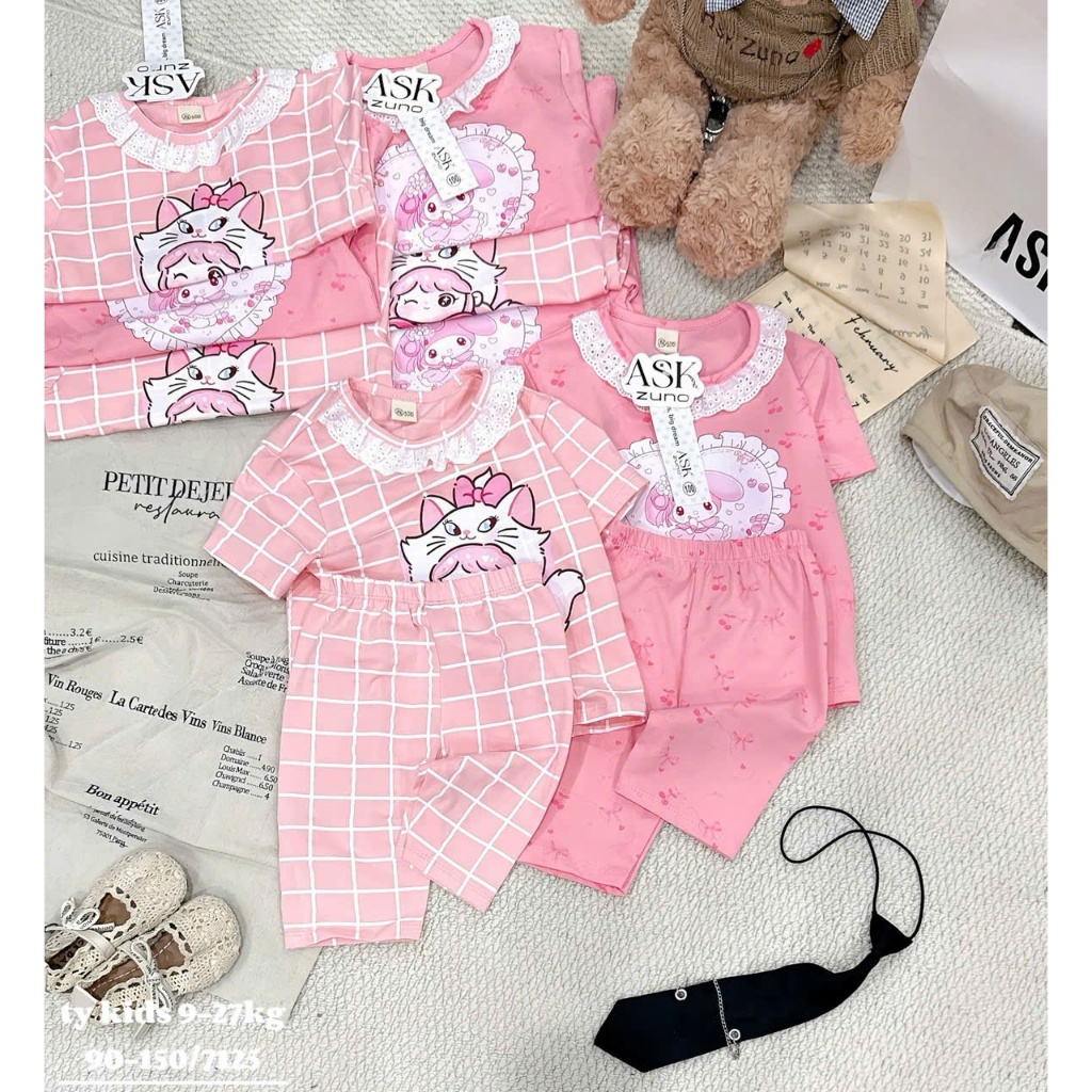 Bộ Cộc Tay Quần Lửng Họa Tiết My Melody Vs Mèo Marie Cổ Ren Dành Cho Bé Gái 9-35kg