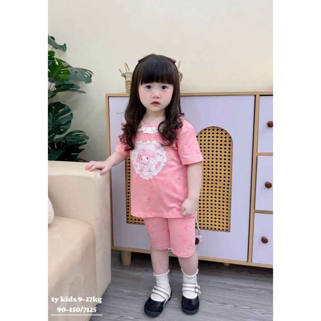 Bộ Cộc Tay Quần Lửng Họa Tiết My Melody Vs Mèo Marie Cổ Ren Dành Cho Bé Gái 9-35kg
