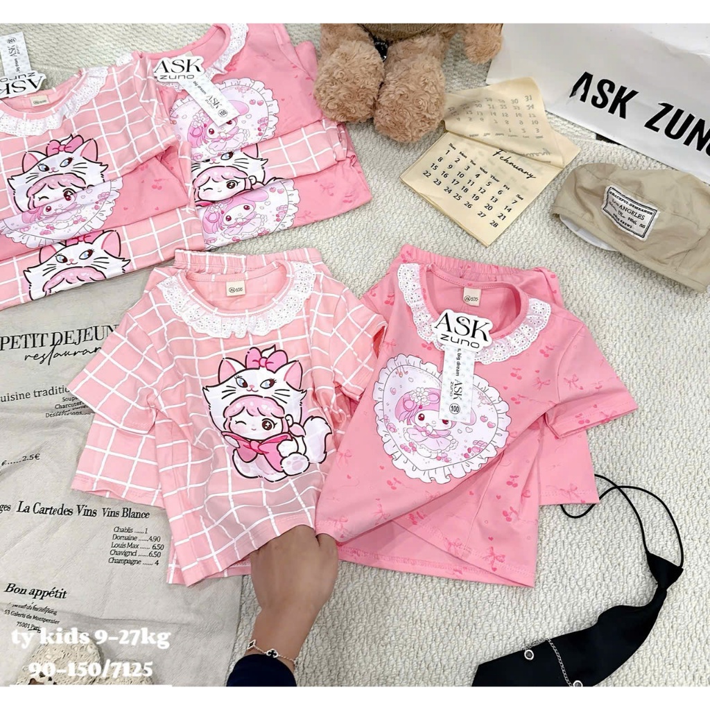 Bộ Cộc Tay Quần Lửng Họa Tiết My Melody Vs Mèo Marie Cổ Ren Dành Cho Bé Gái 9-35kg