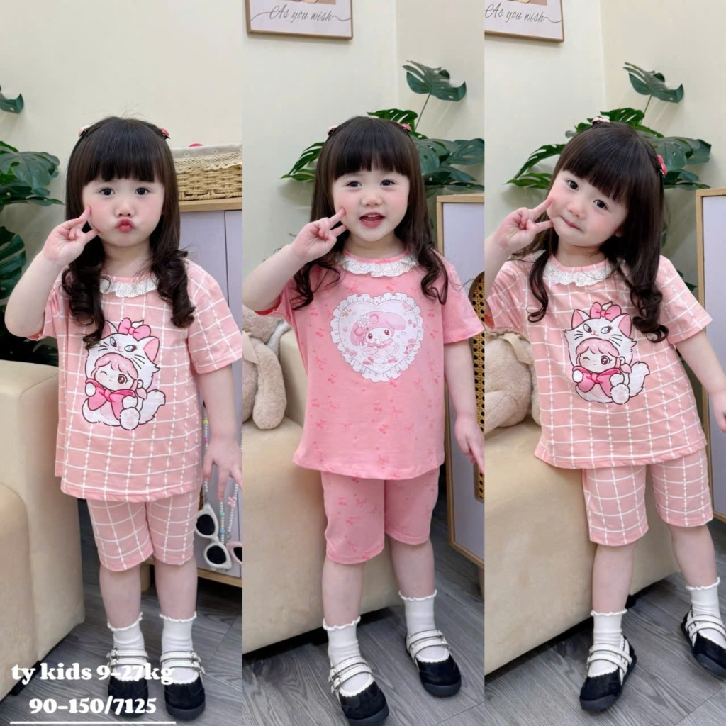 Bộ Cộc Tay Quần Lửng Họa Tiết My Melody Vs Mèo Marie Cổ Ren Dành Cho Bé Gái 9-35kg