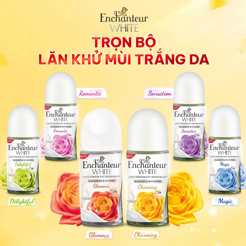 [COMBO TIẾT KIỆM] Lăn Khử Mùi Enchanteur Dưỡng Trắng Thơm Mịn / Hương Nước Hoa Pháp Không Để Lại Vệt Ố Vàng 50mlx2