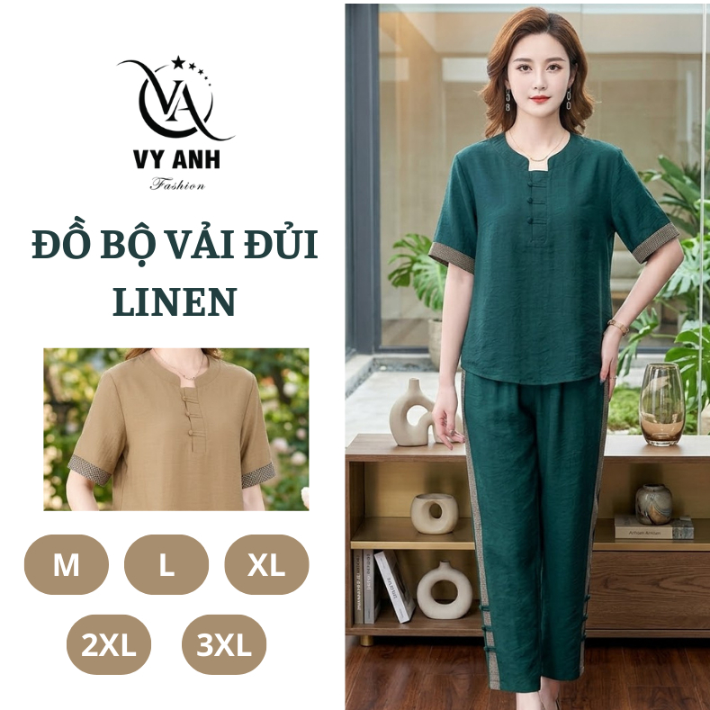 Đồ Bộ Vải Đủi Linen Loại 1. Nữ Trung Niên Thời Trang U40 U50 Đồ mặc ở nhà. Tay Lỡ Cao Cấp Mã DB7901