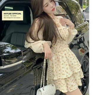 Đầm nữ thời trang mặc đi chơi chất xốp hoa trễ vai cúp ngực váy xoè phối tầng kèm áo khoác voan lưới tay dài bánh bèo