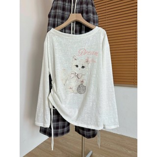 Áo thun giấy lệch vai in hình mèo xanh-hồng dễ thương, bánh bèo dành cho nữ