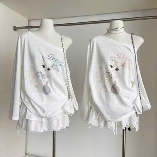 Áo thun giấy lệch vai in hình mèo xanh-hồng dễ thương, bánh bèo dành cho nữ