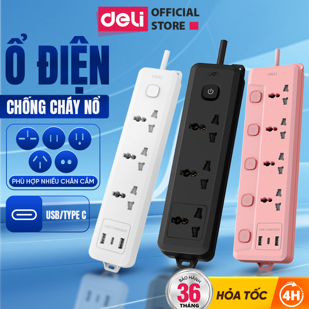 [HỎA TỐC] Ổ Điện Deli 2026 Ổ Cắm Điện Đa Năng Để Bàn Mẫu Mới Công Suất 2500W, Thông Minh Tích Hợp Cổng USB